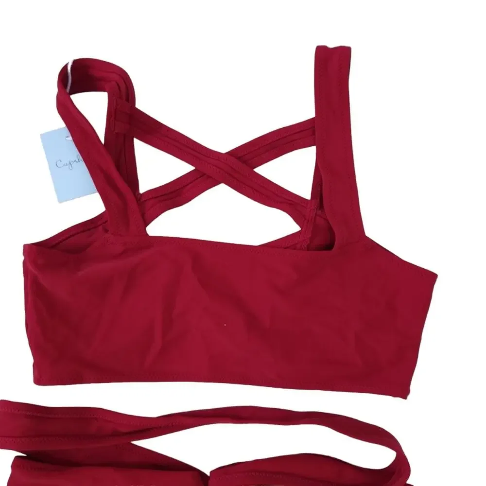 NEW Cupshe Two Piece Sexy Bikini Swimsuit Small Red Criss Cross Design, Soft Cup